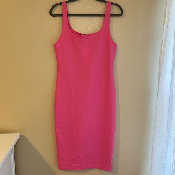 NWT Zara Pink Knit Jersey Midi Scoop Neck Dress Barbiecore XL - Picture 1 of 11